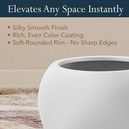 12.8”H x 16”D Globo Fiberstone Round Planter - Christmas Tree Planter, Smooth Finishes, Weather Resistant for Indoor & Outdoor Use, Included 2 Extra Coco Mats (Light Gray, 10.7” Pot Opening)