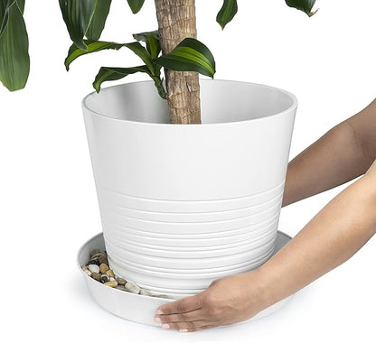 10 inch (8.3" Base) Case of 5 Plant Saucers -White Granite Colored Polypropylene,Heavy Duty Indoor/Outdoor Pan,Collects Flower Pot Drainage and Excess Water, Made in USA