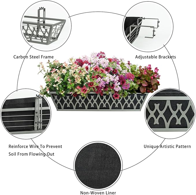 2 Pack 30 Inch Window Boxes Planters Railing Planter Box with Adjustable Brackets & Non-Woven Fabric Plant Grow Bags Deck Railing Planter Boxes Balcony Hanging Flower Box for Outdoor Plants