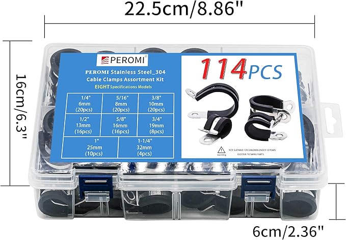 114PCS Cable Clamps Assortment Kit in 8 sizes 1/4" 5/16" 3/8" 1/2" 5/8" 3/4" 1" 1-1/4", 304 Stainless Steel Rubber Cushioned Insulated Loop Pipe Wire Clamps
