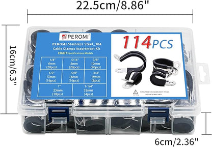 114PCS Cable Clamps Assortment Kit in 8 sizes 1/4" 5/16" 3/8" 1/2" 5/8" 3/4" 1" 1-1/4", 304 Stainless Steel Rubber Cushioned Insulated Loop Pipe Wire Clamps