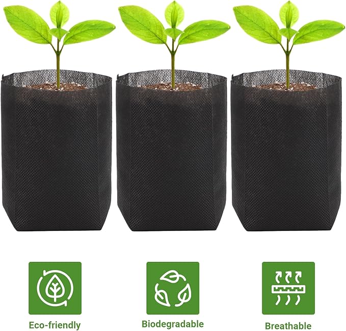 GREANER 200 PCS Biodegradable Grow Bags, Non-Woven Fabric Growing Pouches, Plant Nursery Bags for Planting, Grow Bags for Seed Starting, Soil Transplant, Home Garden Supply(5.5x5.7in)