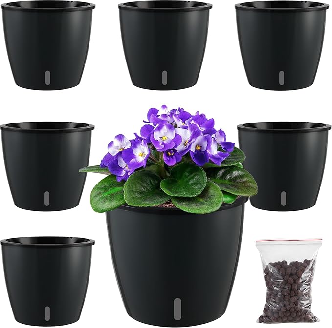 Planterhoma 6.7 Inch Self Watering Pots for Indoor Plants, 6 Packs African Violet Pots with Indicator, Black Wick Pot with Drainage Holes, Self Watering Planters for Orchid, Devil's Ivy, Black