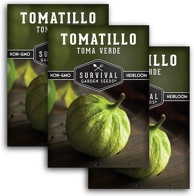 Toma Verde Tomatillo Seeds for Planting - Heirloom Mexican Green Husk Tomato, High Yield Non-GMO Variety for Salsa Verde and Authentic Mexican Cooking - Survival Garden Seeds (3 Packs)