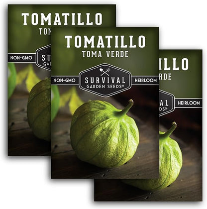 Toma Verde Tomatillo Seeds for Planting - Heirloom Mexican Green Husk Tomato, High Yield Non-GMO Variety for Salsa Verde and Authentic Mexican Cooking - Survival Garden Seeds (3 Packs)