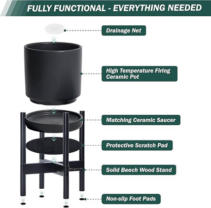 D'vine Dev Ceramic Planter with Ebony Stand - 12 Inch Modern Round Flower Pot with Wood Planter Holder, Black, 55-B-H-2