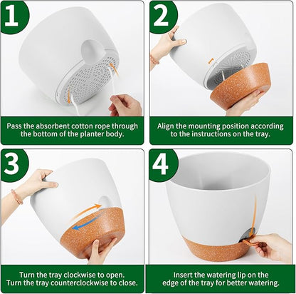 GARDIFE 12 inch planters, Plant Pots,Self Watering Pots, Large Plastic Flower pots with Deep Reservior and High Drainage Holes for Indoor Outdoor Plants and Flowers, White