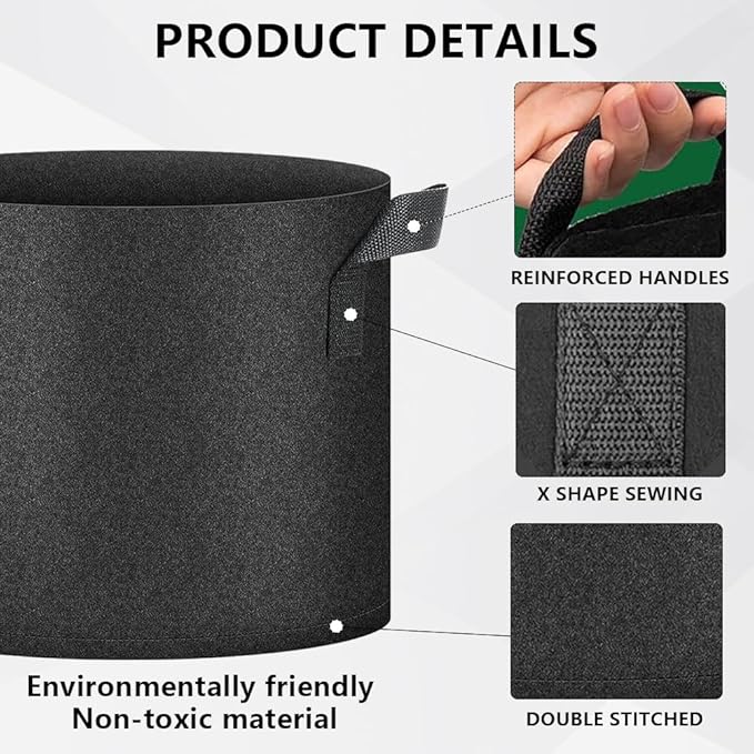50 Pack Grow Bags, Black Heavy Duty Fabric Pots Nonwoven Potato Grow Bags with Sturdy Handles & Reinforced Stitching, Breathable Vegetable Flower Plant Growing Containers Bags (7 Gallon)