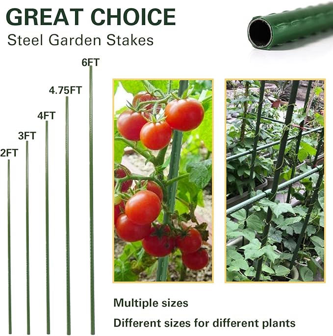 Plant Stakes 6ft, Steel Garden Stakes 6 Feet 25 Pack, Sturdy Plant Support for Climbing Plants, Tomatoes, Beans, Cucumbers, Peppers, Flowers, Potted, Strengthen and Stem to Grow Better