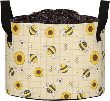 3 Gallon Cartoon Sunflwoers Bee Plaid Heavy Duty Grow Bag Breathable Planter Pot Containers with Handles for Potato Tomato Fruits Vegetables Flowers