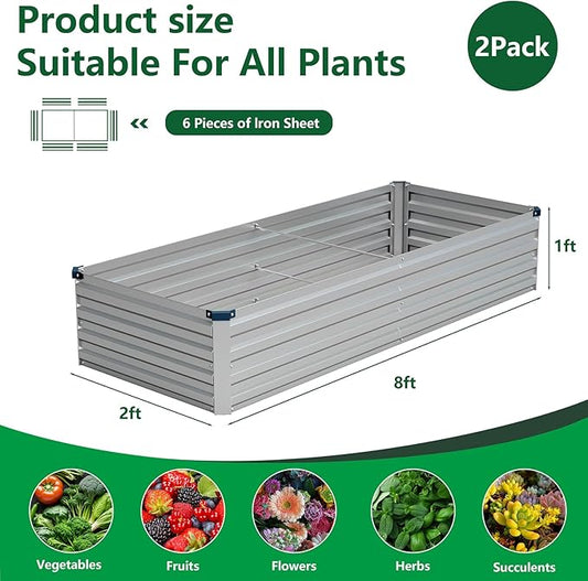 Vengarus 8x2x1FT (2 Pack) Galvanized Raised Garden Bed-Outdoor Planter Box for Vegetables,Metal Flower Boxes with Corner,Planter Raised Bed,(Silver)