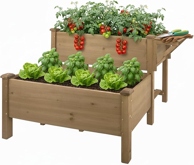 PetsCosset Raised Garden Bed, Outdoor Wood Elevated Planter Box, FirWood Garden Beds with Storage Shelf, Protective Liner, Table Ledge,for Vegetable, Herb, and Flower Cultivation (2 Storey)