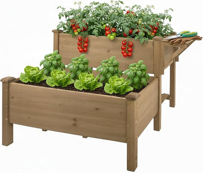 PetsCosset Raised Garden Bed, Outdoor Wood Elevated Planter Box, FirWood Garden Beds with Storage Shelf, Protective Liner, Table Ledge,for Vegetable, Herb, and Flower Cultivation (2 Storey)