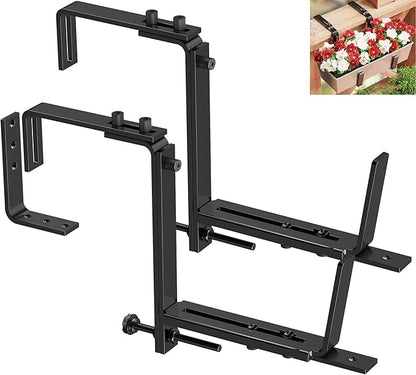 Y&M 2 Pcs Deck Railing Adjustable Planter Box Brackets (6 to 12.5 in), Universal Heavy Duty Iron Flower Box Brackets Wall Mounting Hooks for Fences, Patio, and Garden - Black (Patent Registered)