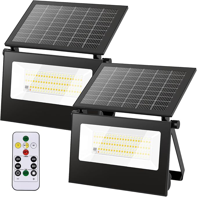 Solar Motion Lights Outdoor , IP66 Security Flood Light Outdoor Waterproof, Dual Color Temperature 3-Mode Lighting Wall Spotlight with Remote Control, Solar Floodlights for Patio Garden Garage, 2 Pack