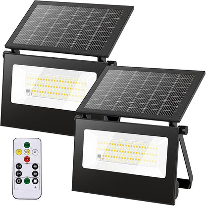 Solar Motion Lights Outdoor , IP66 Security Flood Light Outdoor Waterproof, Dual Color Temperature 3-Mode Lighting Wall Spotlight with Remote Control, Solar Floodlights for Patio Garden Garage, 2 Pack
