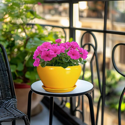 Ceramic Planter 9 Inch - Mid-Century Round Modern Plant Pot Indoor with Drainage Hole and Saucer for Outdoor Plants, Balcony House Garden Patio Home Decor, Yellow