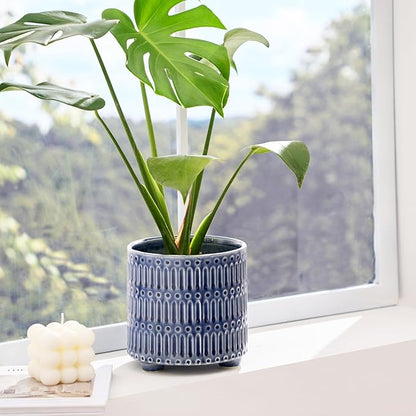 5 Inch Ceramic Planters for Indoor Plants, Blue Cactus Snake Plant Pots with Drainage, Unique Design Round Flower Pot for Home Decoration