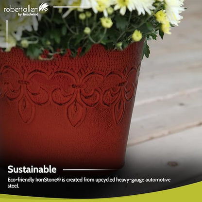 Robert Allen MPT01889 Fluer De Lis Series Metal Planter Flower Pot, 6", Color Cayenne Red