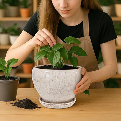 Deep Dream 8 Inch Plant Pots- Ceramic Pots for Plants with Drainage Hole and Saucer, Large Planter Pot for Indoor Plants Outdoor Decor, Beige