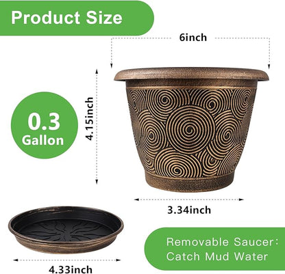 6 Inch Flower Pots Planters for Indoor Outdoor Plants, 6 Pack Plastic Small Plant Pots with Drainage Hole & Tray, Modern Decorative Garden Pot with Saucer, Plant Container for House