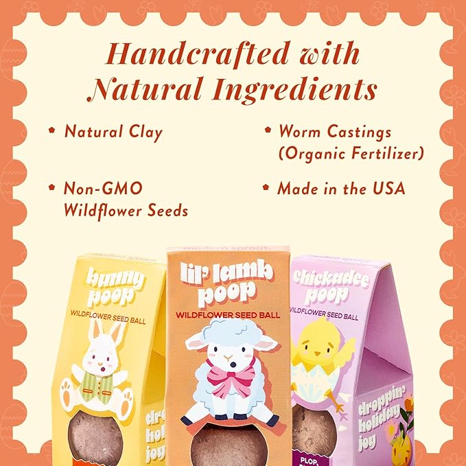Modern Sprout Wildflower Seed Ball Poop - Easter Basket Essentials - Non-GMO, Hand-Rolled Clay Seed Bombs with Wildflower Seeds - Gardening Gift Set for Kids & Adults - (Easter Plop - Pack of 3)