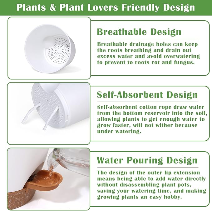 5 Pack Self Watering Plant Pots, 6 inch Plastic Plant Pots Set Bottom Watering Planters With Absorbent Rope & Saucer, Self Watering for Indoor Plants Minimalist Decor Outdoor Garden Flower. (White)