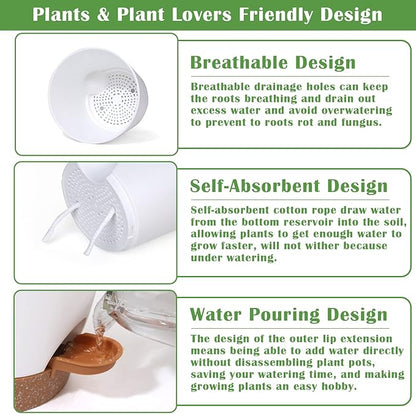 5 Pack Self Watering Plant Pots, 6 inch Plastic Plant Pots Set Bottom Watering Planters With Absorbent Rope & Saucer, Self Watering for Indoor Plants Minimalist Decor Outdoor Garden Flower. (White)