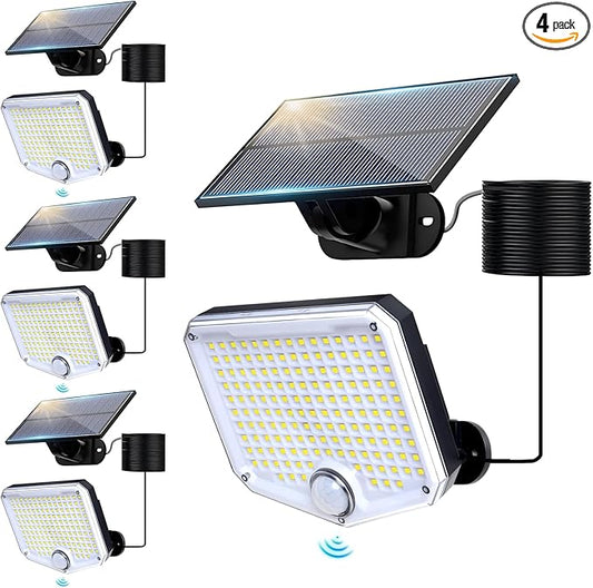 153 LED Solar Wall Lights, 180° Beam Angle Security Lights Outdoor with Remote, Motion Sensor Lights with 3 Modes, Waterproof Flood Lights for Porch, Patio,Yard,Garage, 4 Pack