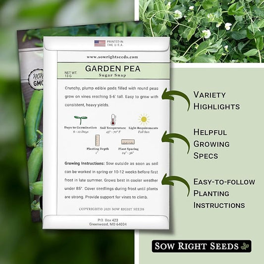 Sow Right Seeds - Sugar Snap Pea Seeds for Planting - Non-GMO Heirloom Peas to Grow in Vegetable Garden - High Yield Cool Season Crop - Packet with Instructions for Pea Plant Care (1)