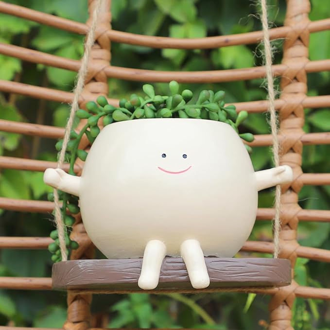 Large Glossy Swing Smiley Face Planter Pot Head, Hanging Planter for Indoor Outdoor Plants, Cute Hanging Flower Pot for String of Pearls Plant Live, Birthday Gifts(Garden, Large)