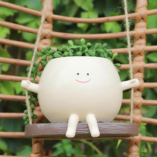 Large Glossy Swing Smiley Face Planter Pot Head, Hanging Planter for Indoor Outdoor Plants, Cute Hanging Flower Pot for String of Pearls Plant Live, Birthday Gifts(Garden, Large)