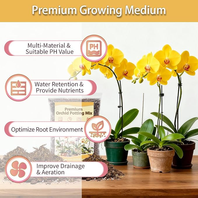 Orchid Potting Mix, Premium Orchid Soil for Repotting with Natural Pine Bark, Perlite, Coco Peat and Moss, Well-Draining Orchid Mix for Indoor Plant, Orchid, Succulents - 2.02QT