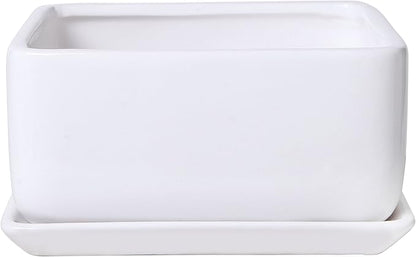 MyGift Modern White Ceramic Square Indoor Small Planter, Flower Succulent Plant Pot with Drainage Hole and Removable Drip Tray