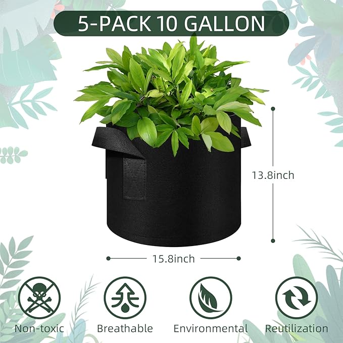 5/10/12/20/30 Pack 10 Gallon Grow Bags, Heavy Duty Thickened Nonwoven Fabric Pots with Handles, Plant Grow Bags for Vegetable/Flower/Plant/Fruits, Black