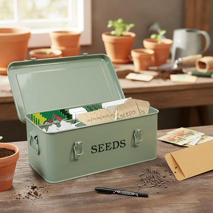 Seed Storage Organizer,Metal Seed Saving Box with Lid and Safety Locks, 4 Compartment Seeds Saver Kit with 2 Pens,20 Plant Labels and 50 Seeds Envelopes, Green Gardening Gift