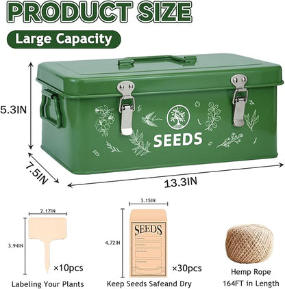 Seed Storage Box, Seed Storage Organizer with Garden String, 30 Seed Envelopes and Bamboo Plant Labels, 4 Compartments Garden Seed Organizer Box with Safety Locks, Dark Green