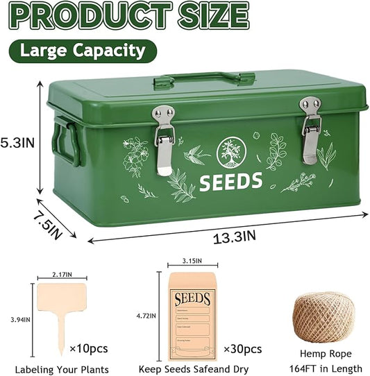 Seed Storage Box, Seed Storage Organizer with Garden String, 30 Seed Envelopes and Bamboo Plant Labels, 4 Compartments Garden Seed Organizer Box with Safety Locks, Dark Green