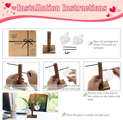 XXXFLOWER Plant Terrarium Wooden Stand, Hydroponic Planter Bulb Glass Metal Swivel Holder Retro Air Plants Water Plants for Home Office Decoration,Gifts for Plant Lover Wife Mom- 2 Love Bulb Vase