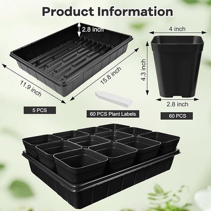 June Fox 4 Inch Nursery Pots for Plants, 5 Pcs Seed Starter Tray Kit, 60 Pcs Plastic Seedling Pots with Drain Holes, 60 Plant Labels (Black)