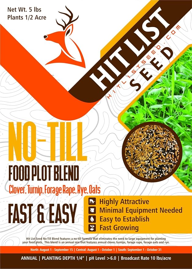 No Till Food Plot Seeds for Deer [Annual Mix] – Throw and Grow Food Mix – Deer Seed Blend with Clover, Rye, Turnip, Brassica, Oats – No Plow Planting – 5 lbs