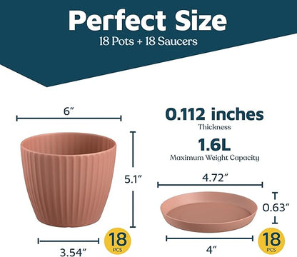 Pink 6-Inch Plant Pots with Drainage & Saucers 18 Pack, Indoor & Outdoor Planters for Houseplants, Herbs, and Flowers, Durable & Weatherproof Material, Stackable, Lightweight, Minimalist Design