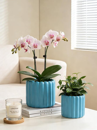 Ceramic Plant Pots,6 inch+4.7 Inch Planter Pot with Drainage Holes,Ceramic Planters for Indoor Plants,Modern Flower Pots for Indoor Outdoor Plants House & Office Décor,Blue