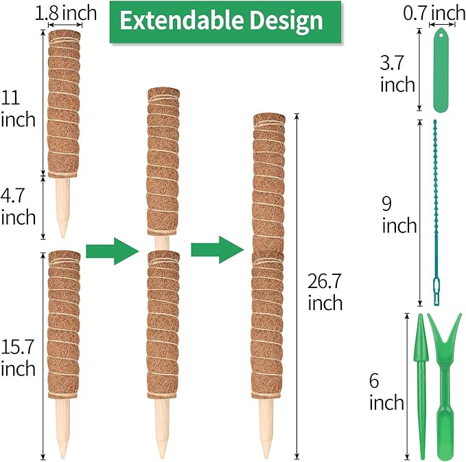 Kikhope Moss Pole Monstera Plants Support,4 Pack 15.7 Inch Coir Totem Poles, Plant Support Stakes, Plant Sticks, Coir Moss Stick for Indoor Potted Plants Train Creeper Plants Grow Upwards