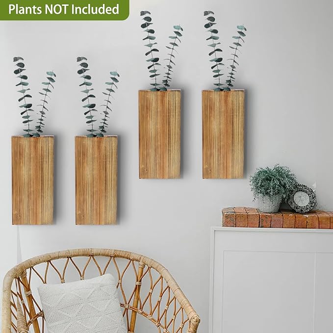 Wood Wall Planters 4 Pack Wood Wall Decor for Dried Flowers and Artificial Greenery Plants - Pocket Wall Vases Hanging Planters for Living Room, Bedroom, Home Decor - Brown