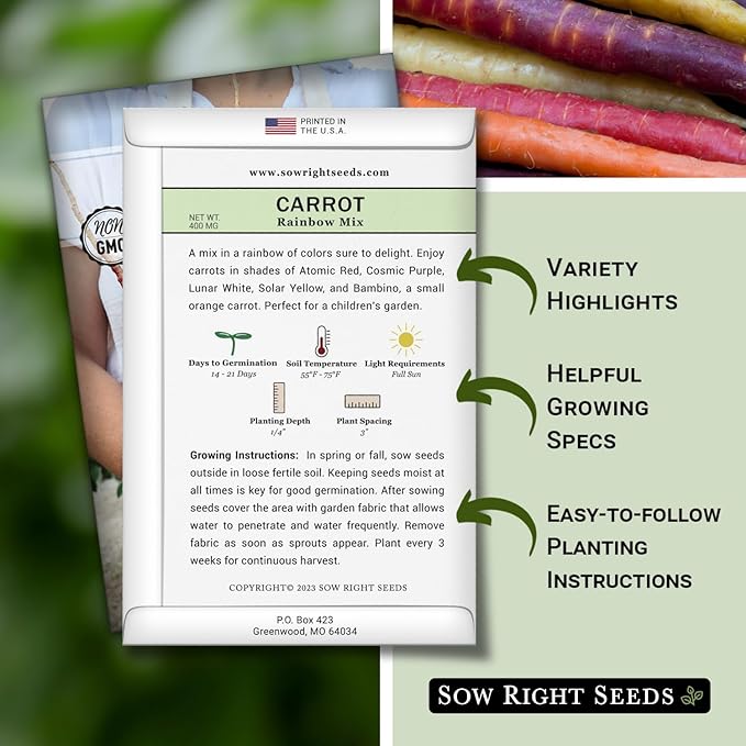 Sow Right Seeds - Rainbow Mix Carrot Seed for Planting - Non-GMO Heirloom Packet with Instructions to Plant a Home Vegetable Garden - Orange, Red, Purple, White Variety Mix for Colorful Harvest (4)