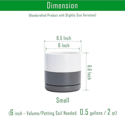 D'vine Dev Set of 2 Plants Pots, 6.5 Inch Ceramic Planter Pot for Plants with Drainage Hole and Saucer, White/Speckled Grey, 94-V-C-6