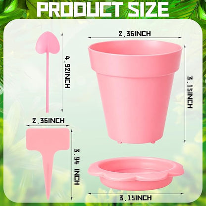 36 Packs Cupcake Plant Nursery Pots with Humidity Dome Small Flower Pots Plastic Planting Containers Cups with Saucers and Shovel for Indoor Outdoor Plant Succulent Display (Pink)