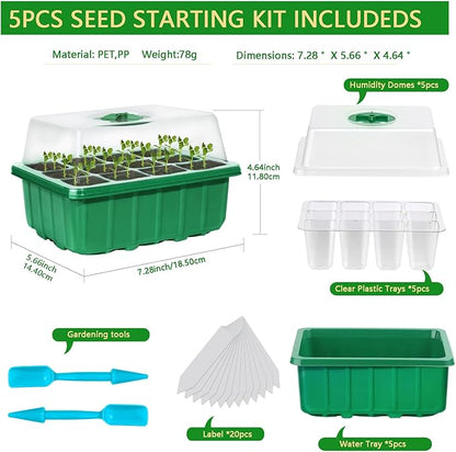 60-Cell Seed Starter Tray, 5 Pack – Cells Plant Grow Kit with Humidity-Vented Domes and Base for Organic Seed Germination, Ideal Plant Starter Kit with Labels & Transplant Tools