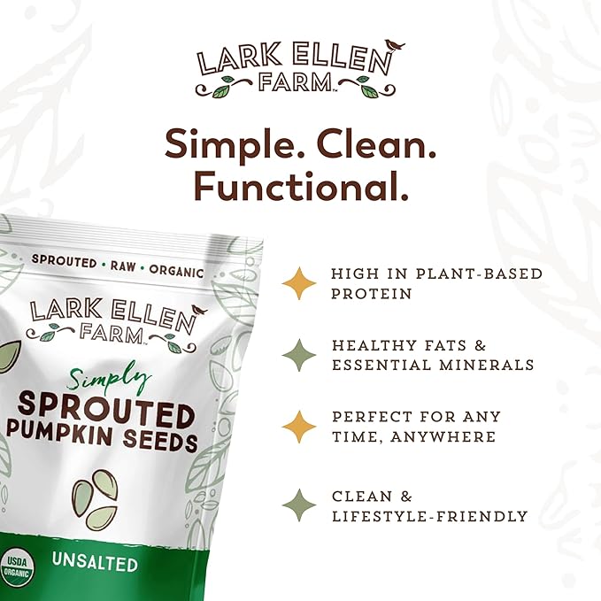 Lark Ellen Farm Sprouted Organic Pumpkin Seeds – Raw, Unsalted, Air-Dried Pepitas for Snacking, Salads, Trail Mix – USDA Organic, Non-GMO, Vegan, Gluten-Free, Resealable Bag (14 oz, 3-Pack)